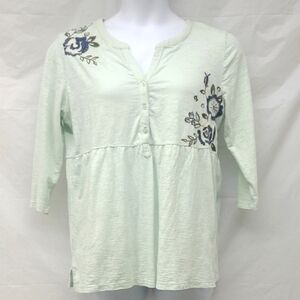 Bohemian Embroidered Floral Blouse Top Mint Green Stretch Long Sleeve V neck